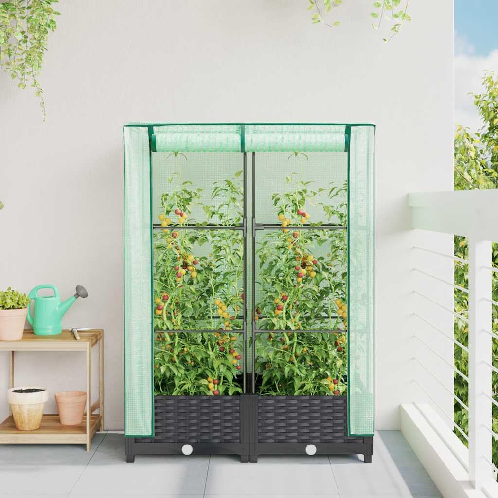 Jardinera con accesorio de invernadero de aspecto de ratán, 80 x 40 x 123 cm, jardinera con túnel de lámina y marco de hierro, para balcón, jardín y terraza, color negro
