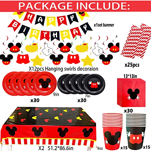 160Pcs Mickey Birthday Party Supplies Cartoon Mouse Birthday Plates Napkins Cups Table Cloth Banner Hanging Swirls Straws For Boys Mickey Birthday Decorations ,Serve 30 Guests #TOP1