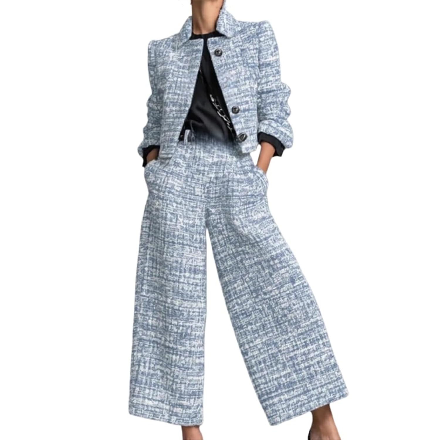 Damenanzug-Set, zweiteiliges Outfit aus Tweed, kurzer Blazer mit weitem Bein, Hose für Business, Freizeit, Party.