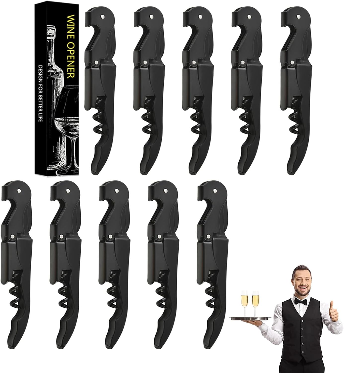 Wine Opener Waiter Corkscrew, Professional Wine Key for Servers, Bartender with Foil Cutter, Manual Wine Bottle Opener Double Hinged (20, Black)