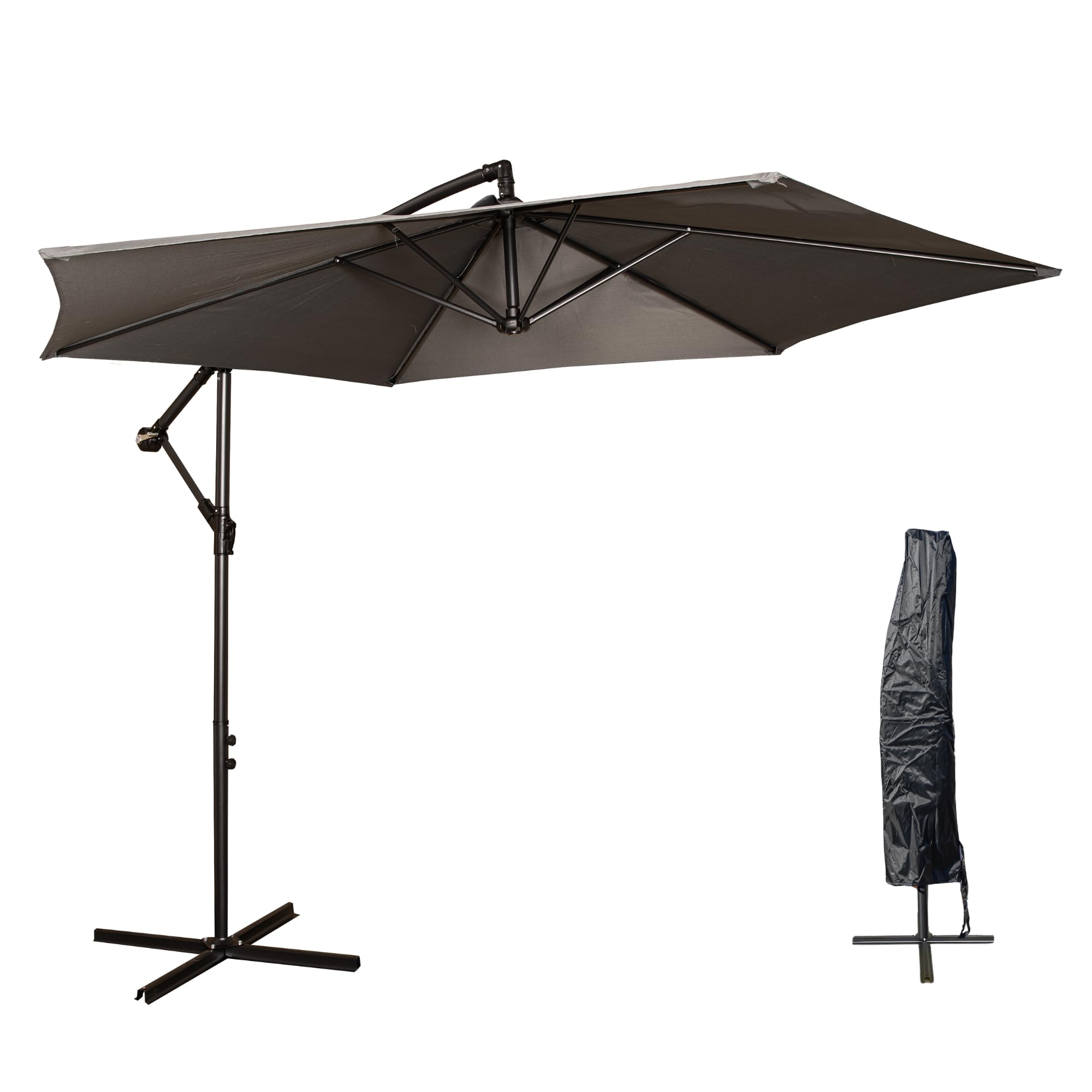 Samuel ALEXANDER 3m Cantilever Parasol in Grey with Crank Handle for Patio Garden Banana Parasol with Weatherproof cover + Cross Stand Base Included
