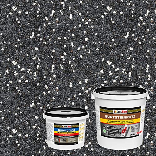 Isolbau Buntsteinputz - Mosaikputz für innen & außen - Frostsicher, wasserfest, stoßfest - BP35 (Anthrazit/Graphit, Weiss), 20 kg + Quarzgrund 4 kg