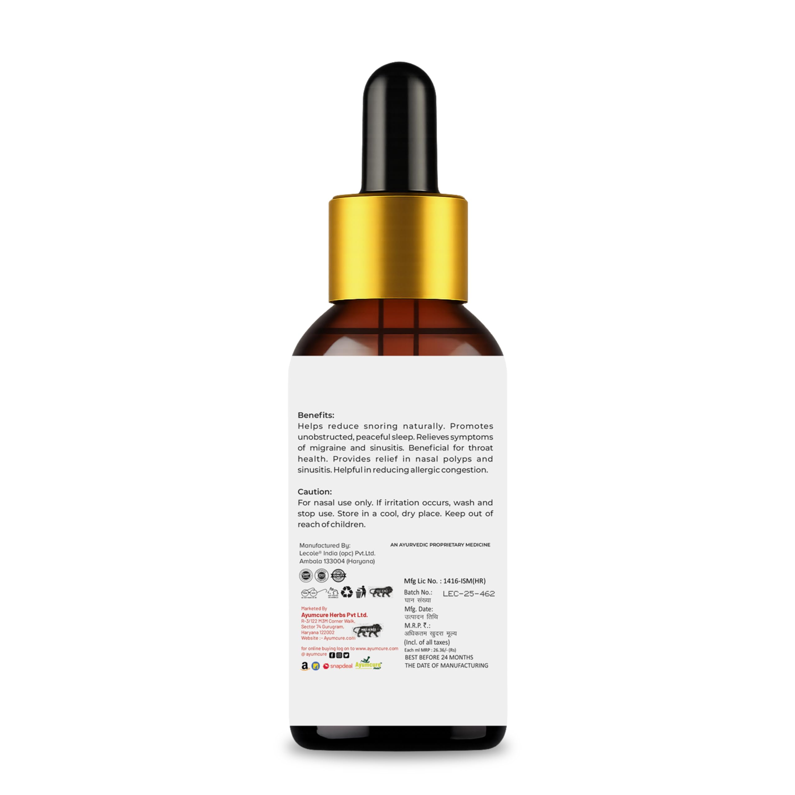 Ayumcure Anti Snoring Drops 30ML| Herbal Nasal Drops for Snoring Relief & Better Sleep | With Indian Bael, Draksha, Dry Ginger & Long Pepper | Improves Breathing | 100% Natural for Men & Women — Amazon image 9