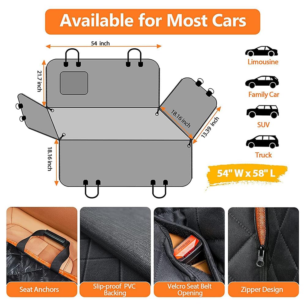 Funda Coche Perro Asiento Trasero, para Opel Crossland X 2017-2024 Resistente y Impermeable, Antideslizante, Protector Coche Perros Asiento Trasero,B Orange