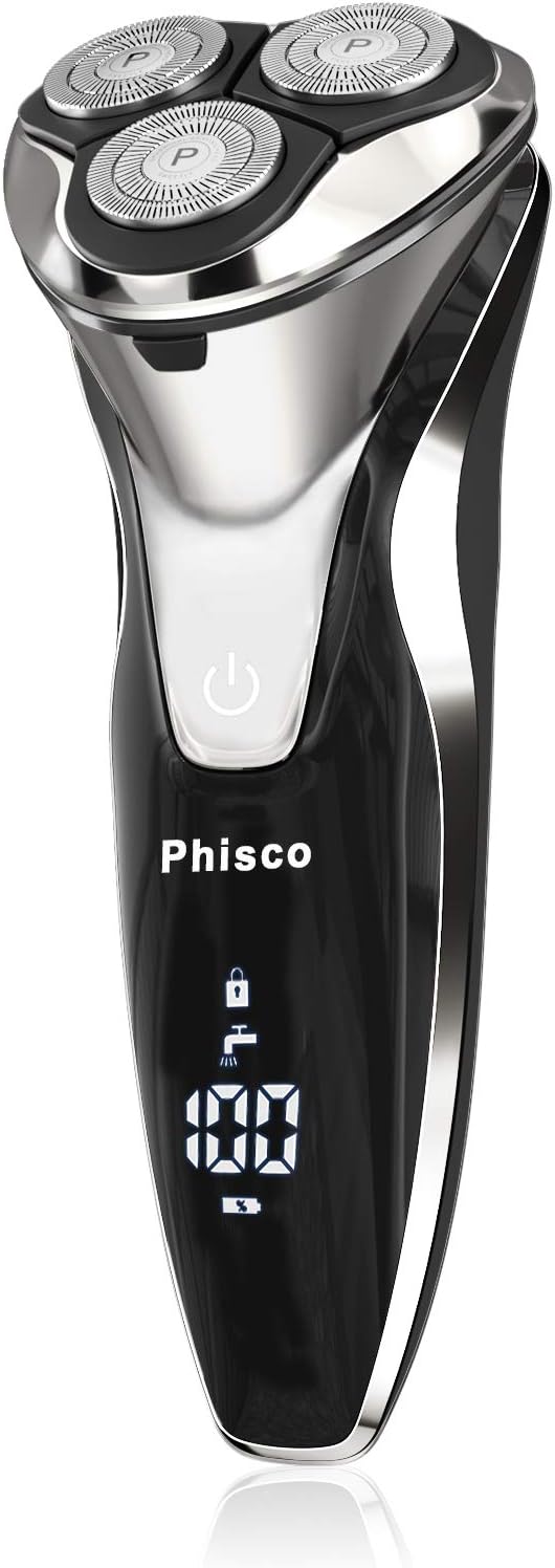 Phisco Electric Shaver Razor for Men, Rechargeable Floating Rotary Razor with Pop-up Sideburn Trimmer, LED Display Waterproof Shaver for Dry Wet Shaving