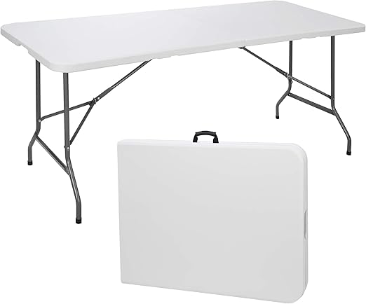 ZenStyle 6 ft Indoor Outdoor Heavy Duty Plastic Folding Table Portable Picnic Table Fold-in-Half Utility Table w/Handle and Steel Legs for Camping, Dining, Party, 71 x 27 Inch, White