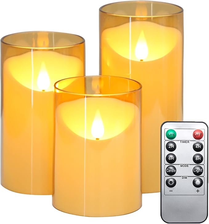 Fo32won Amber LED Flameless Battery Operated Candles with Remote Timer, Acrylic