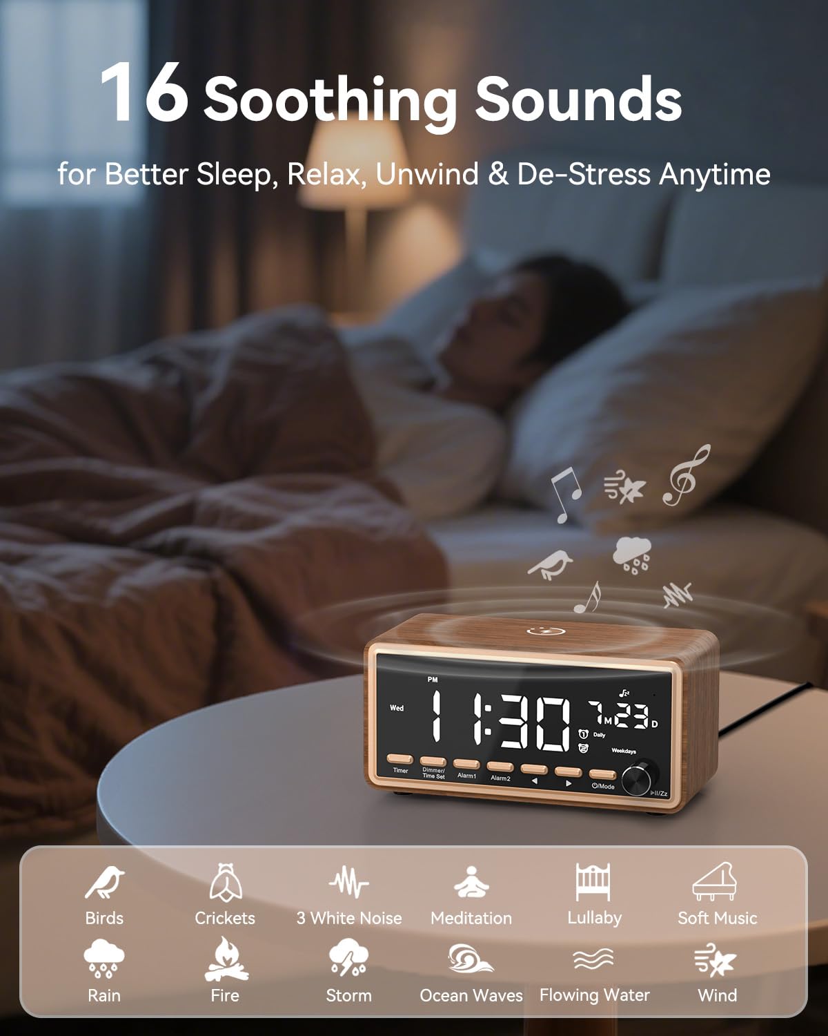 WamGra Radio Réveil Numérique, Chargeur sans Fil, Enceinte Bluetooth FM | Vintage Réveil Matin en Bois, Double Alarme, Machine Bruit Blanc Adulte Bébé, Idée Cadeau Homme Femme Père Anniversaire