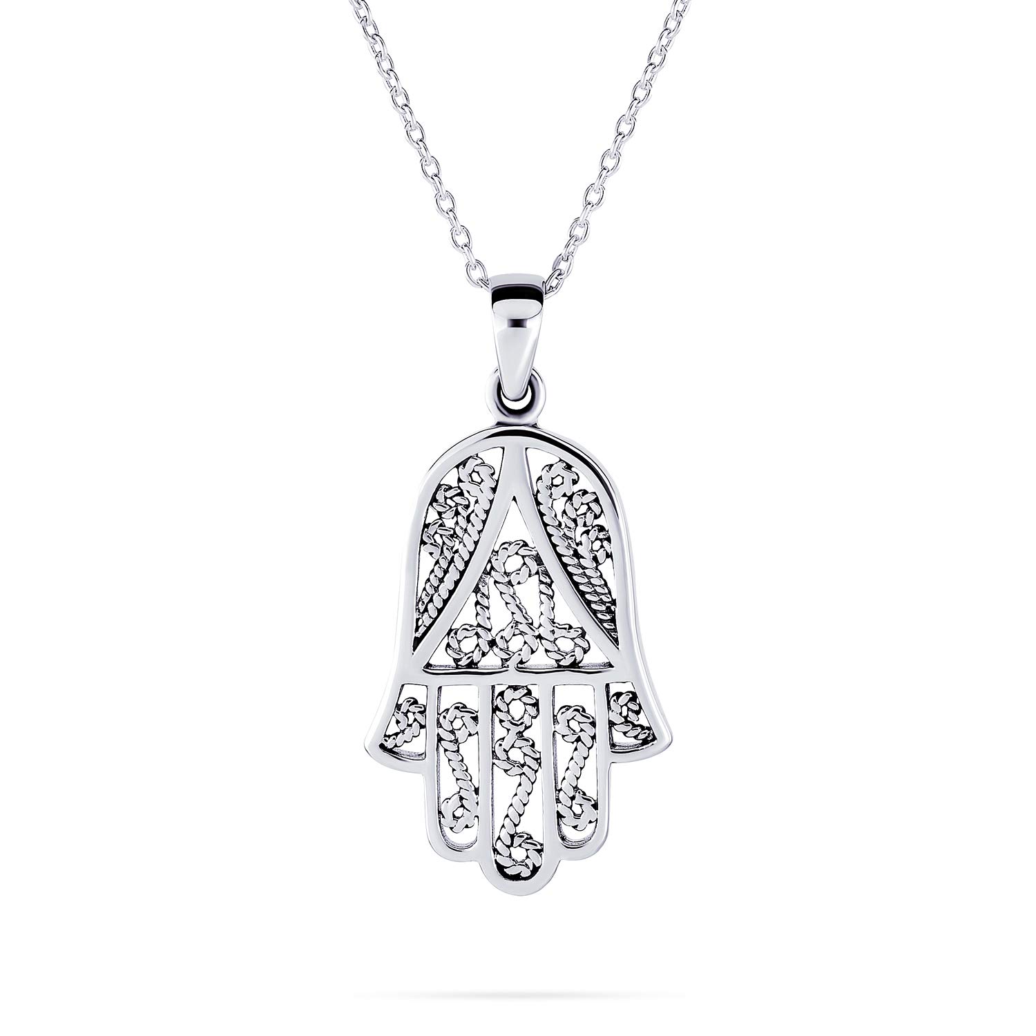 Bling Jewelry Yoga Delicada Filigrana Remolino Amuleto Talismán Fátima Mano De Dios Hamsa Colgante Collar Para Mujeres Para Adolescentes .925 Plata De Ley