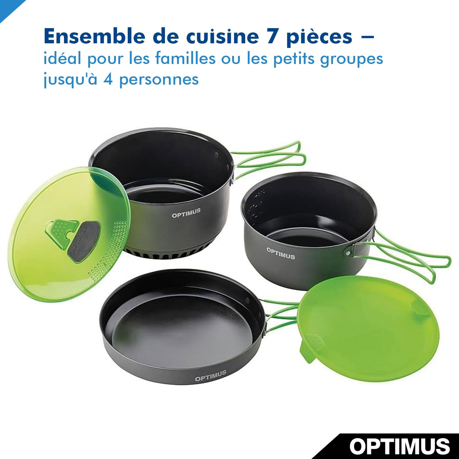 Batterie de Cuisine Optimus Terra Camp – Batterie de Cuisine d'extérieur 7 pièces avec échangeur Thermique, Sac Isotherme et revêtement antiadhésif | pour 2 à 4 Personnes | 1160 g | Ø 233 × 136 mm