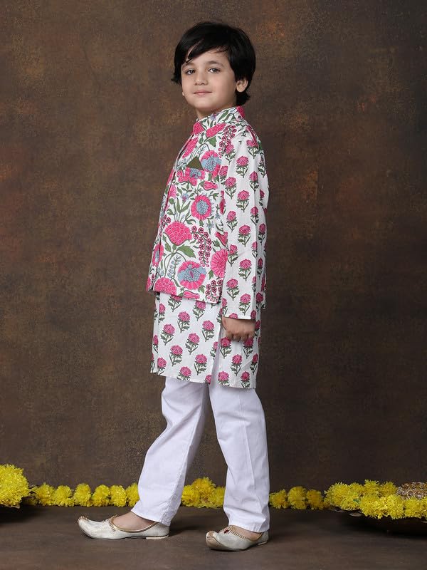 Image of superminis Boys Cotton Printed Full Sleeves Kurta With Ajrakh Printed Jacket and Pyjama Set
