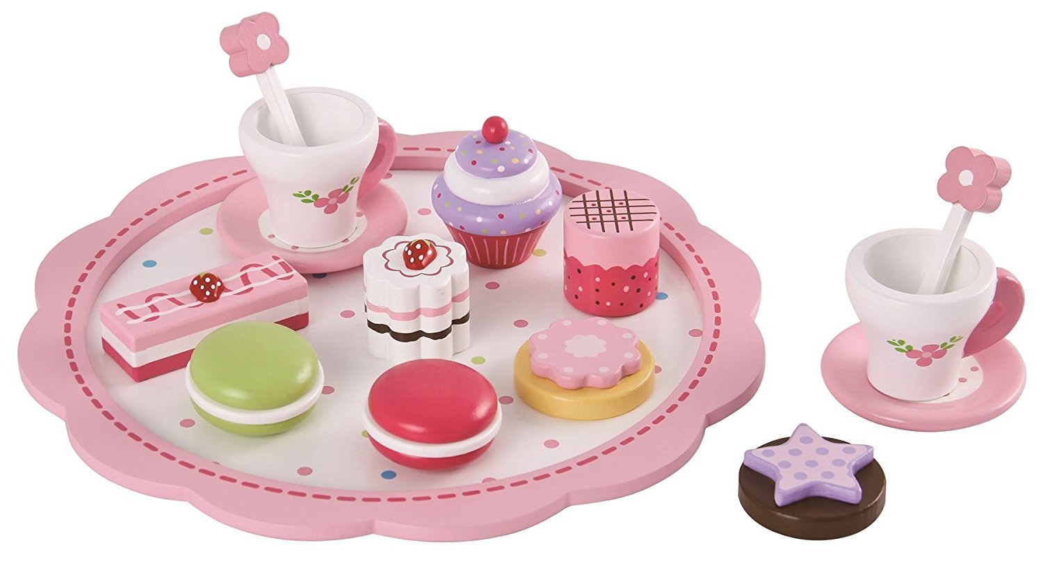 Lelin Children Kids Girls Pink Wood Wooden Flower Desert Cakes Macaron Role Pretend Play Learning Preschool Toy Set