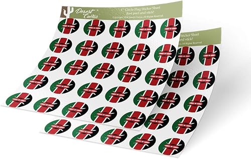 Desert Cactus Adhesivo de vinilo con la bandera de Kenia, diseño de país de 1 pulgada, redondo, dos hojas, 50 piezas en total, con logotipo de