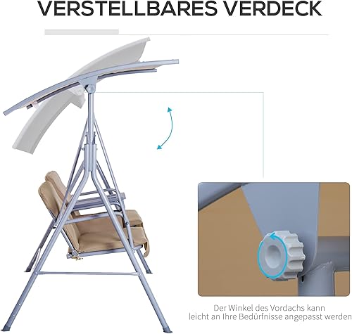 Miniatura 3 de Outsunny Columpio de porche para 2 personas con soporte, columpio al aire libre con toldo, mesa de almacenamiento pivote, 2 soportes para tazas,
