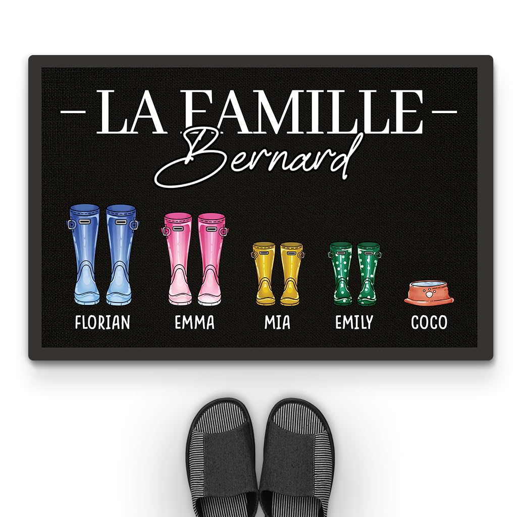 Paillasson personnalisable famille avec bottes, cadeau crémaillère idéal maison