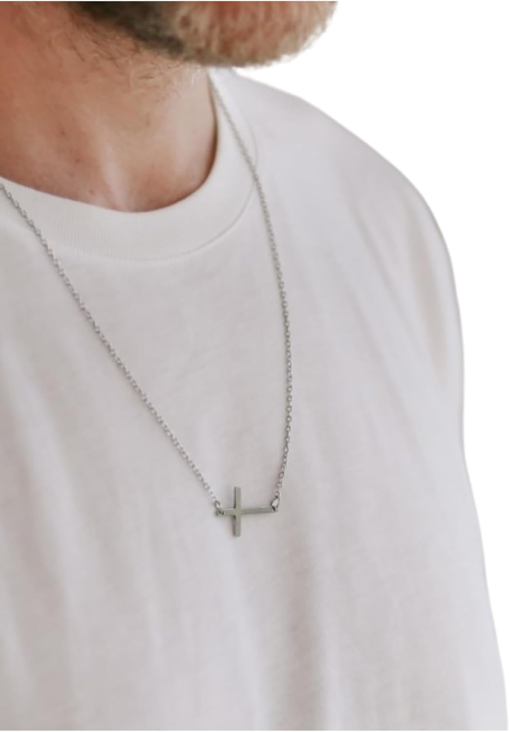 Cross necklace for men silver tone sideways cross pendant mens necklace waterproof silver chain groomsmen gift custom size husband gift for him christian catholic jewelry