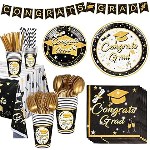 AerWo 195pcs Graduation Party Supplies 2022, Disposable Dinnerware Set Includes Graduation Plates and Napkins, Cups, Tablecloth, Cutlery, Straws, Congrats Grad Decorations, Serves 24 Guests Party Cover