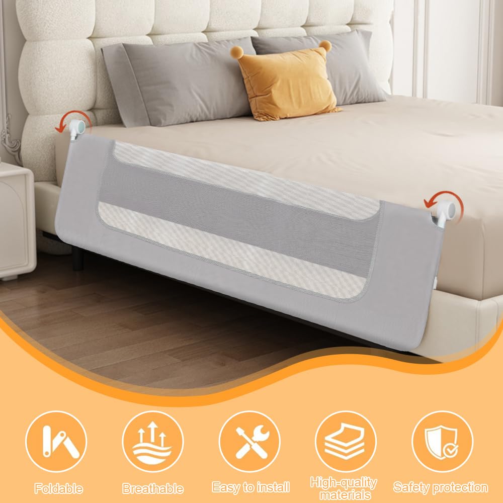 HUOLE Sponda di Sicurezza per Bambini, Barriere per letto,Barriera Letto Grande binari del letto per bambini per bambiniSponde Letto Bambini, Sponda per letto-150 * 73-86 cm - Grigio