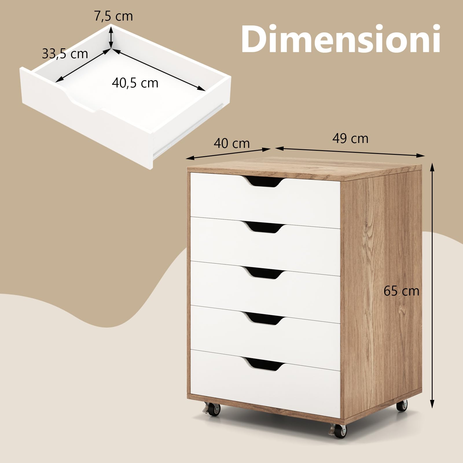 RELAX4LIFE Cassettiera Ufficio con Ruote, Piano 40x49 cm con Portata 45kg, Guide Metalliche, Silenziosa e Stabile, Mobile Porta Stampante per Ufficio, Casa (Bianco+Naturale, 5 Cassetti – 66 cm)