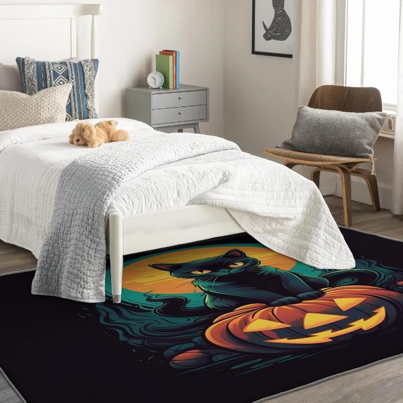 Miniatura 3 de Alfombras de Halloween para dormitorio, sala de estar, alfombra de gato negro calabaza de 4 x 6 pies, lavable, antideslizante, suave, alfombra de