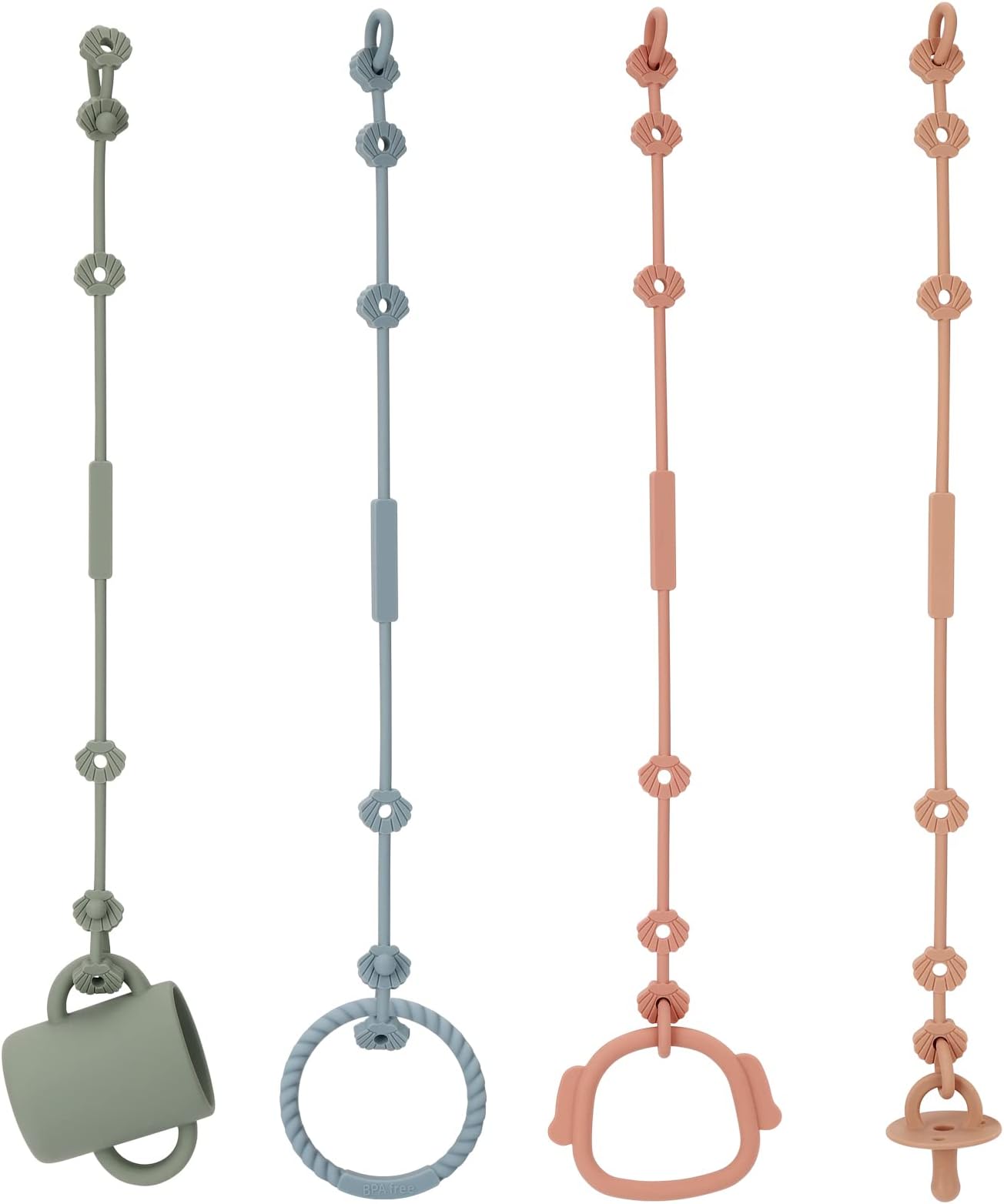 Toy Safety Straps, Socub Silicone Adjustable Baby Pacifier Teether Straps, 4pcs Toddler Toy Bottle Harness Straps for Strollers, High Chair, Cribs, Bags, BPA Free, Multi Colors