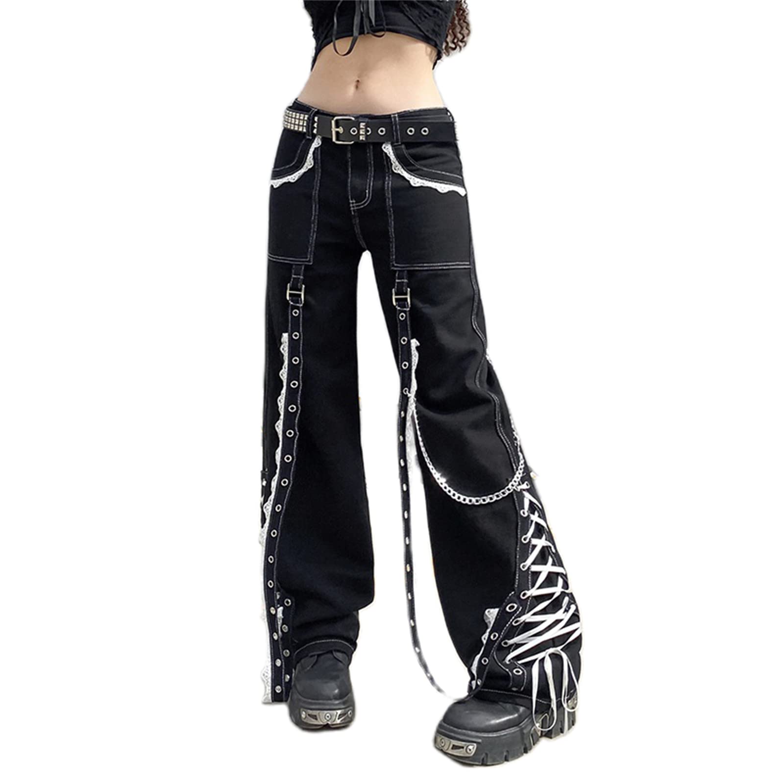 Gothic Cargo Jeans for Women Wide Straight Leg Punk Grunge Baggy Pants Goth Aesthetic Trousers Y2k Streetwear with Pockets