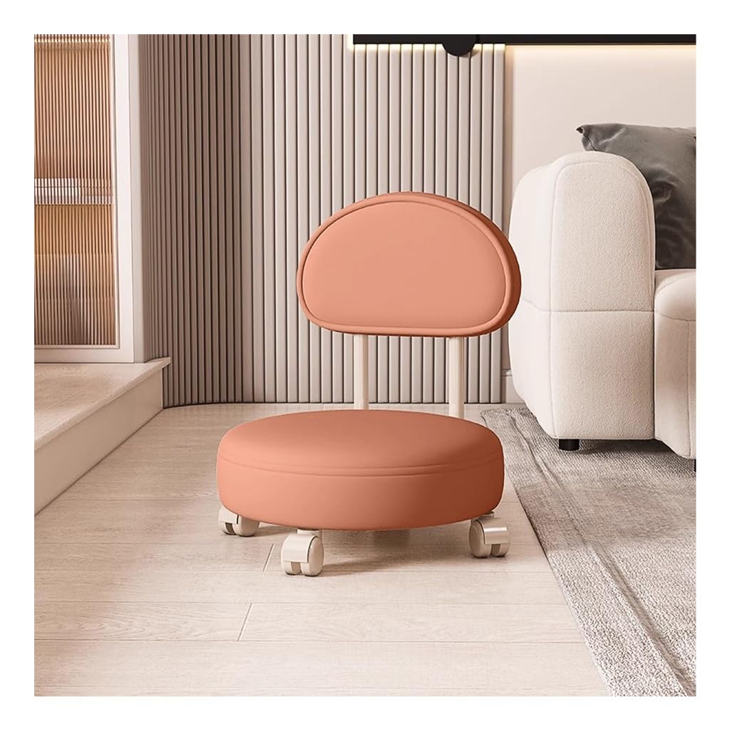 Wdsopk Orange 360° Rotating Low Stool With Backrest,Rolling Pulley Stool Low Stool With Wheels,Shoe Changing Makeup Cleaning Chair Faux Leather Ottoman Pulley Chair（Orange）
