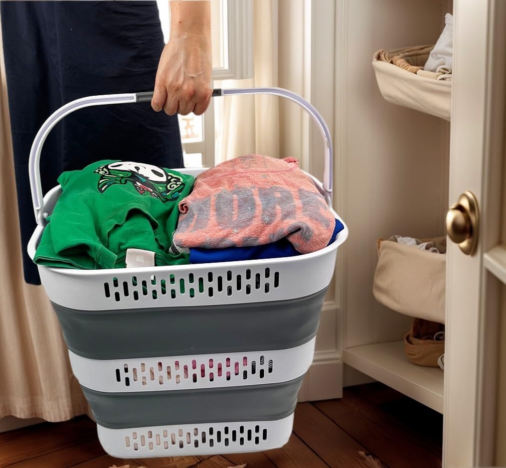 SAMMART 40L Zusammenklappbarer Wäschekorb aus Kunststoff mit Griffen – faltbarer Pop-Up-Aufbewahrungsbehälter/Organizer – tragbarer Wäschesammler – platzsparend (1, Weiß/Stahlgrau)