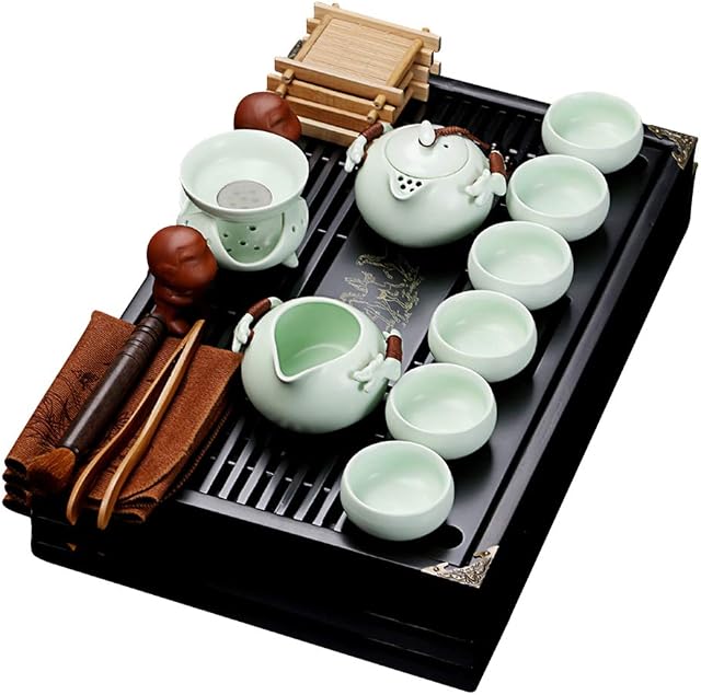 fanquare Chinese Ceramic Kung Fu Tea Set with Tea Tray and Small Tea Tools, Porcelain Tea Service, Light Green