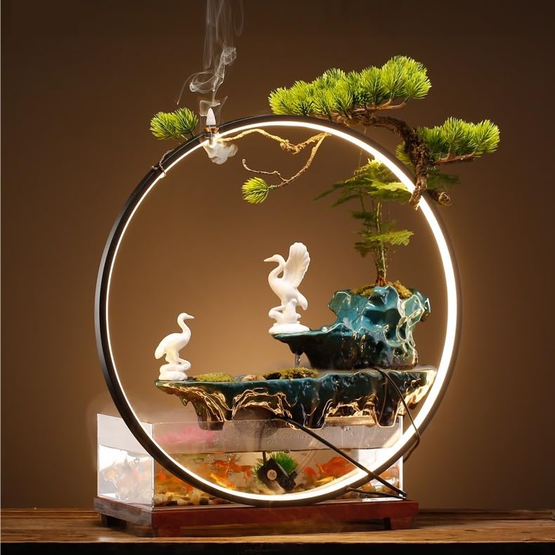 Fuente Decorativa de jardín, Fuente de Agua con Cascada, de cerámica, con iluminación LED, Quemador de Incienso, Feng Shui Zen, decoración para salón, Dormitorio, Oficina