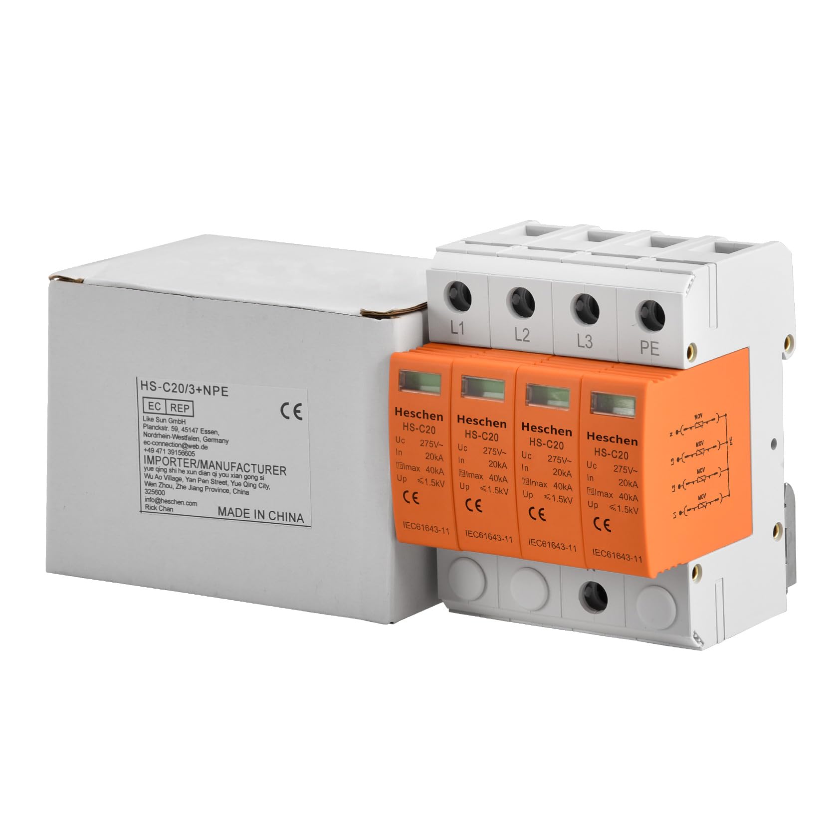 Heschen Dispositivo di protezione da sovratensione SPD, HS-C20, 275VAC 20KA, 4P, Ignifugo, Scaricatore a bassa tensione, Montaggio su guida DIN da 35mm