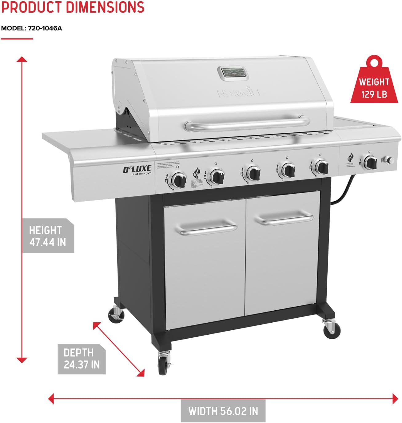 Product dimensions of the Nexgrill Deluxe 5-Burner Gas Grill