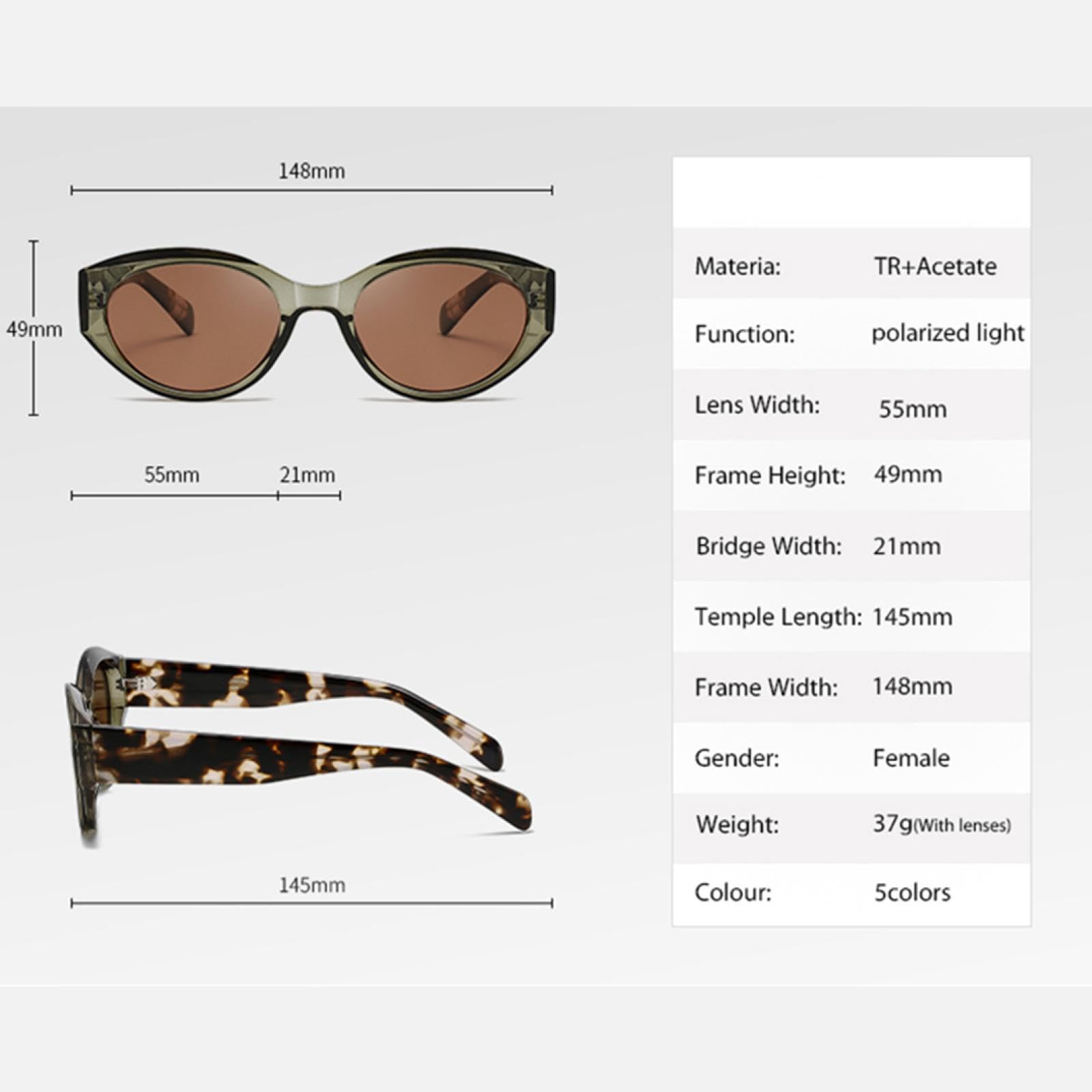 Occhiali da sole polarizzati alla moda da donna Cat Eye Occhiali da sole Uv400 Acetato Nero Verde Marrone
