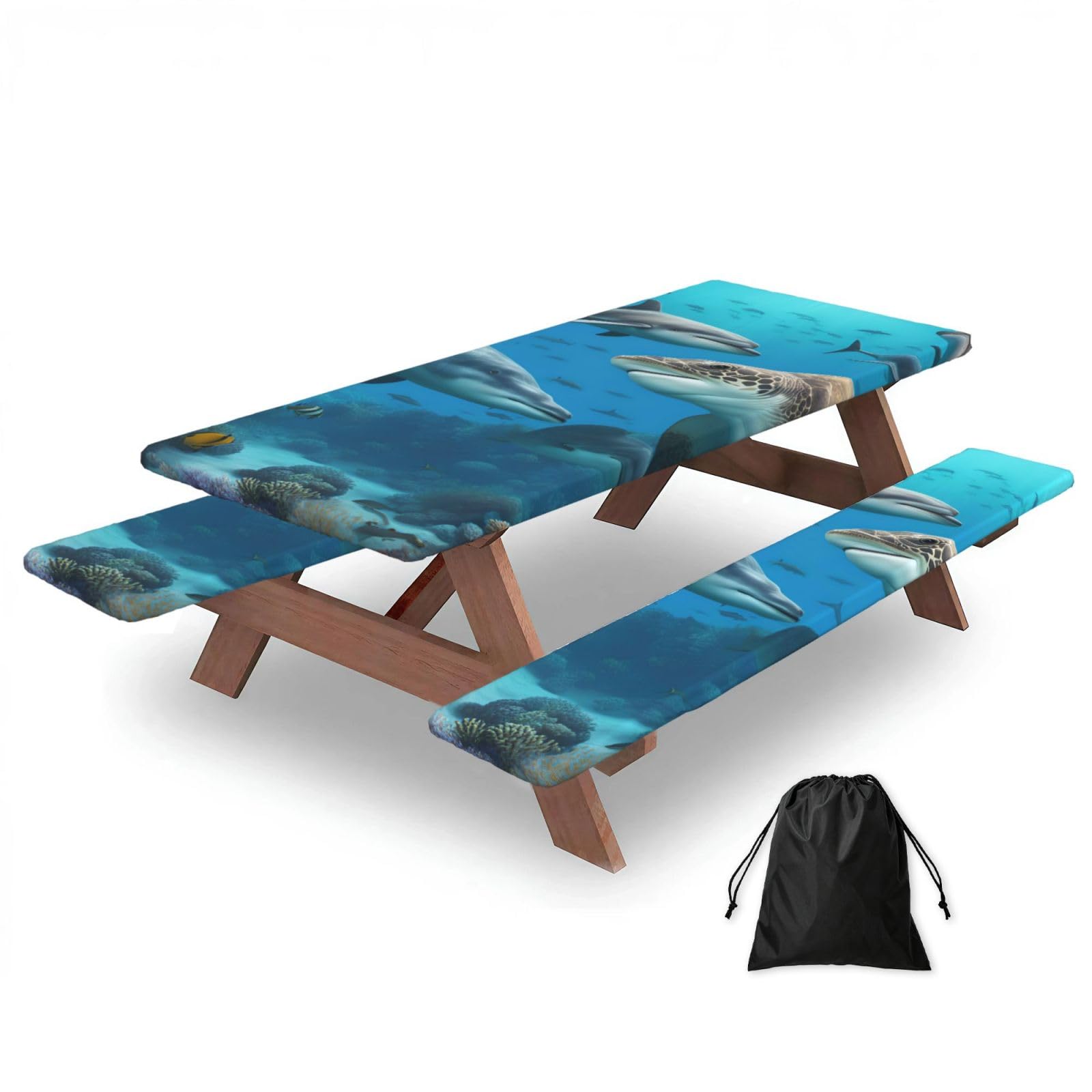 AYYQWE Dolphins Sea Turtle Shark Octopus Coral Reef Print Picnic Table Bench Cover Outdoor Garden Party Decor Daily Accessory Gift