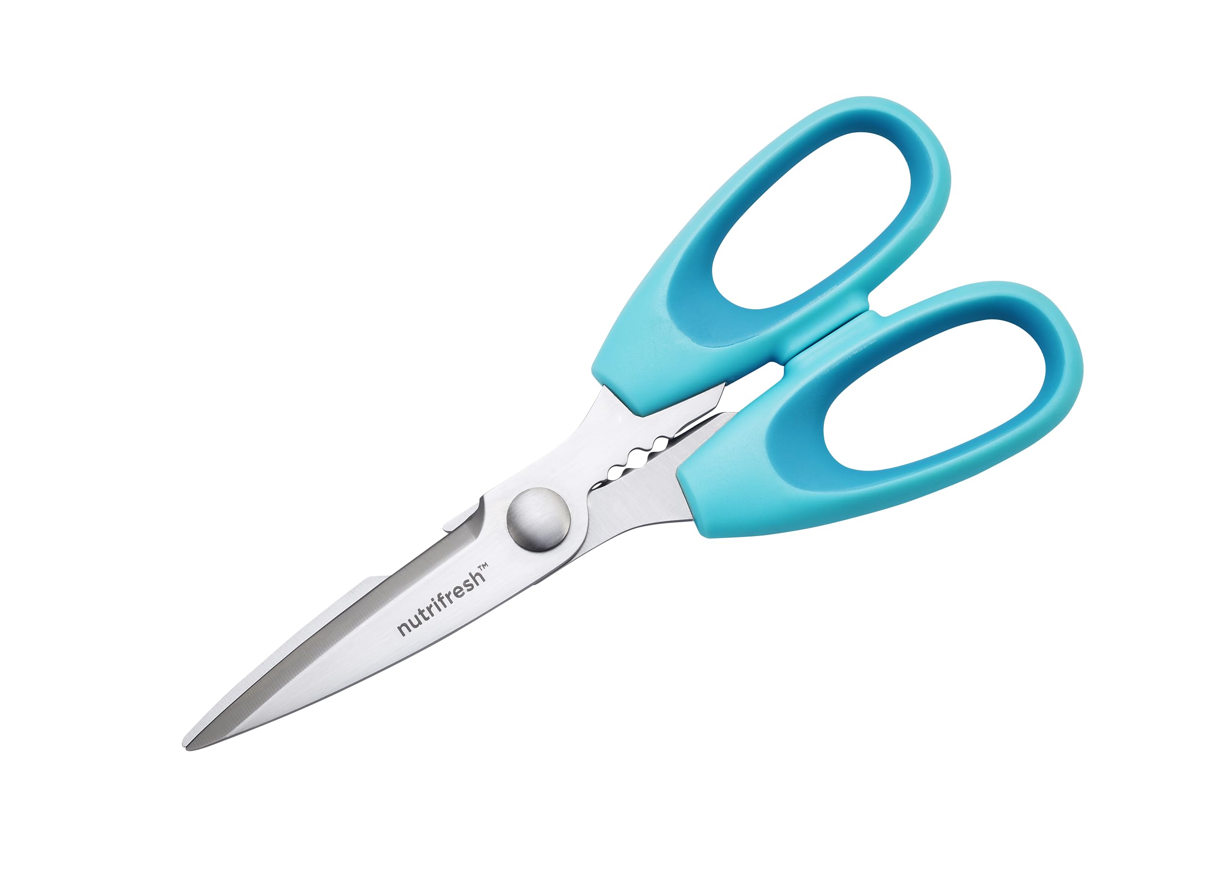 Nutrifresh Blue, Silver Kitchen Scissors - Stainless Steel Blades With Herb Stripper & Bottle Opener, Ergonomic Handle For Versatile Everyday Kitchen Use