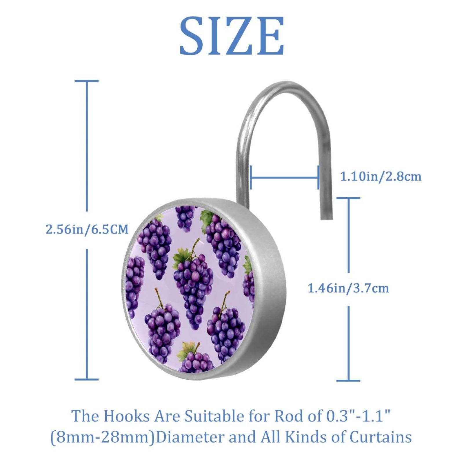12pcs Glass Shower Curtain Hooks, Rust Resistant Decorative Shower Rings for Bathroom Living Room,Stainless Steel Hooks for Shower Curtain and Liner Rods (Grapes Pattern)