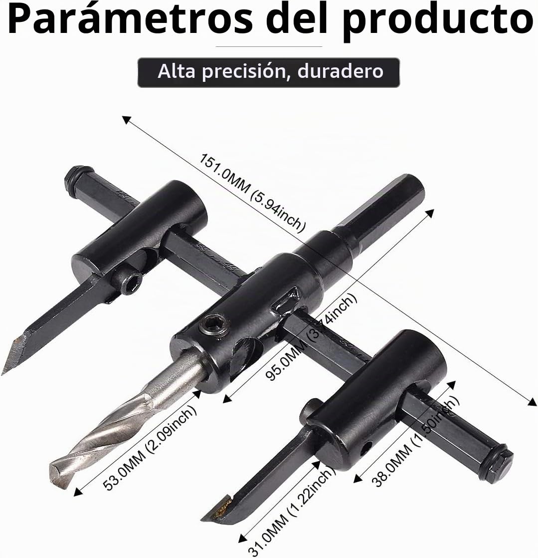 Corta Brocas Círculo Ajustable para Madera, Herramienta de Corte de Sierra Redonda, Herramientas de Bricolaje para Madera, Taladro Giratorio (Diámetro de Corte: 30mm - 120mm)