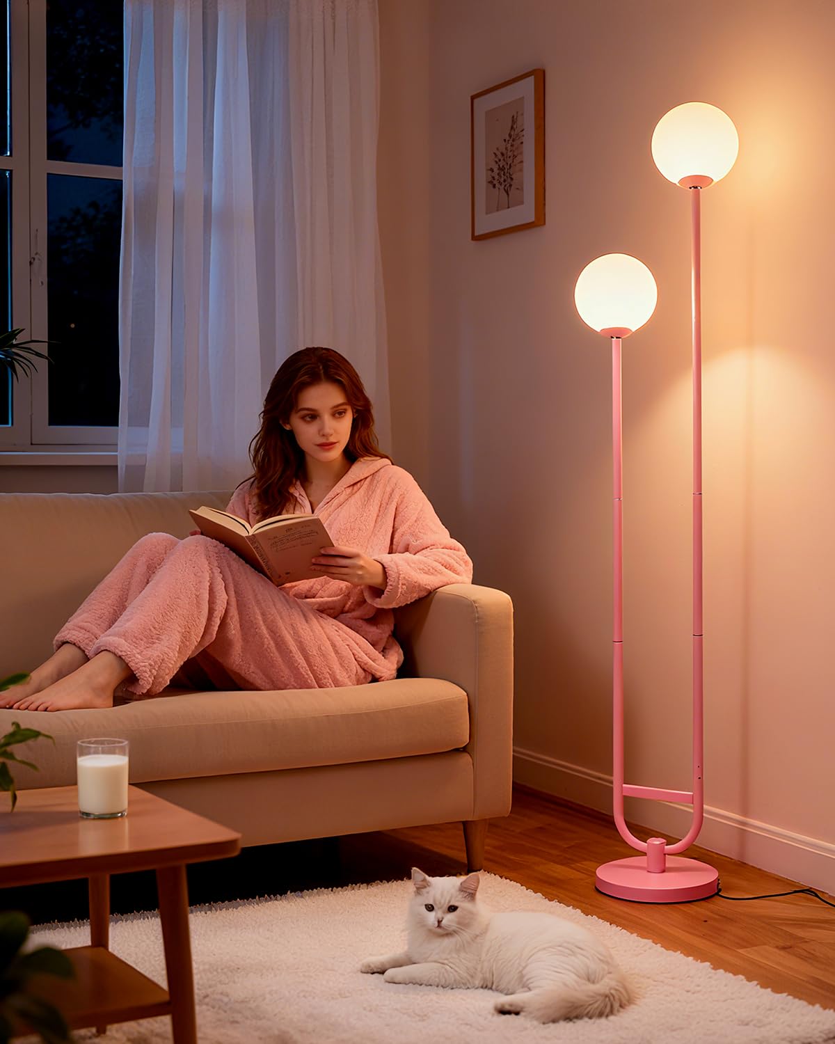 Lightdot 63IN Pink Floor Lamp Modern Mid Century Globe Standing Lamps with 3000K LED Bulbs Included Candle Holder Style Vintage Tall Lamp for Living Room/Wedding/Sofa Beside/Corner Decor