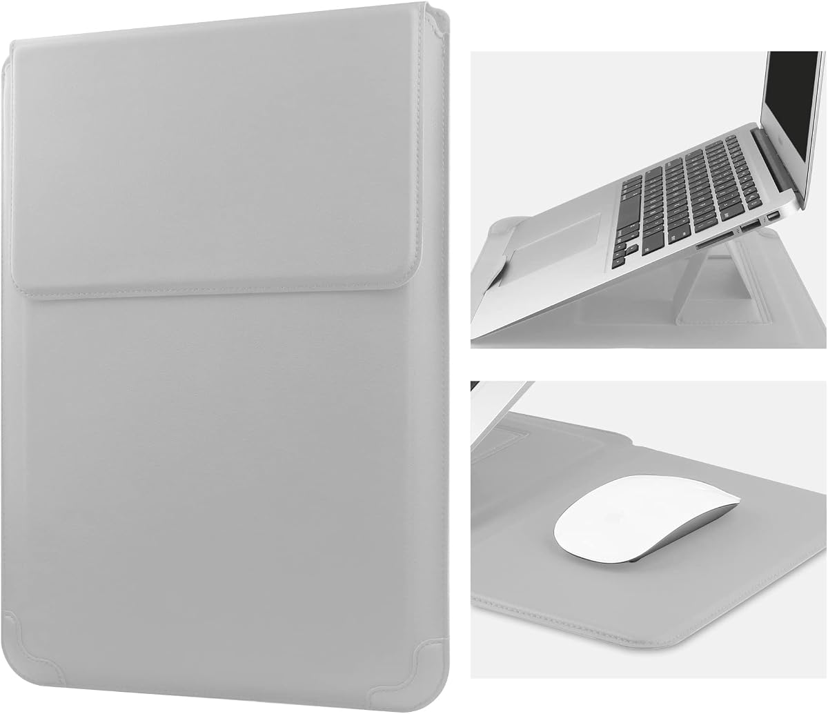 HoYiXi 14 Inch Laptop Sleeve Case Leather Bag with Stand Compatible with Mac Book Pro 14 2021/ASUS Vivobook 14/HP Pavilion X360/IdeaPad 14/Dell HP ASUS Acer Huawei Matebook 14'' PC, Silver