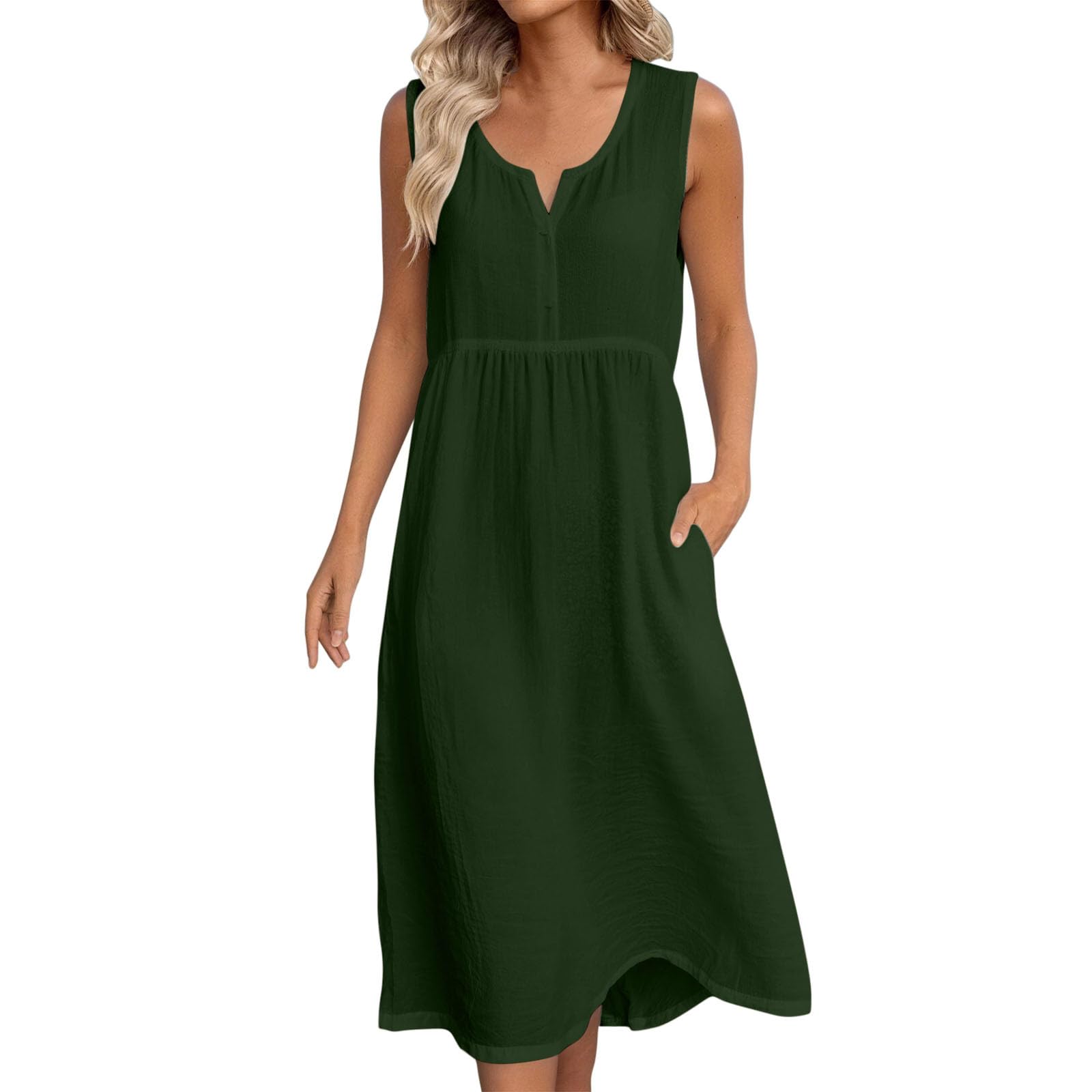 Frostluinai Womens Cotton Linen Midi Dresses Sleeveless Crewneck Empire Waist Loose Comfy Beach Casual Sundress - 2