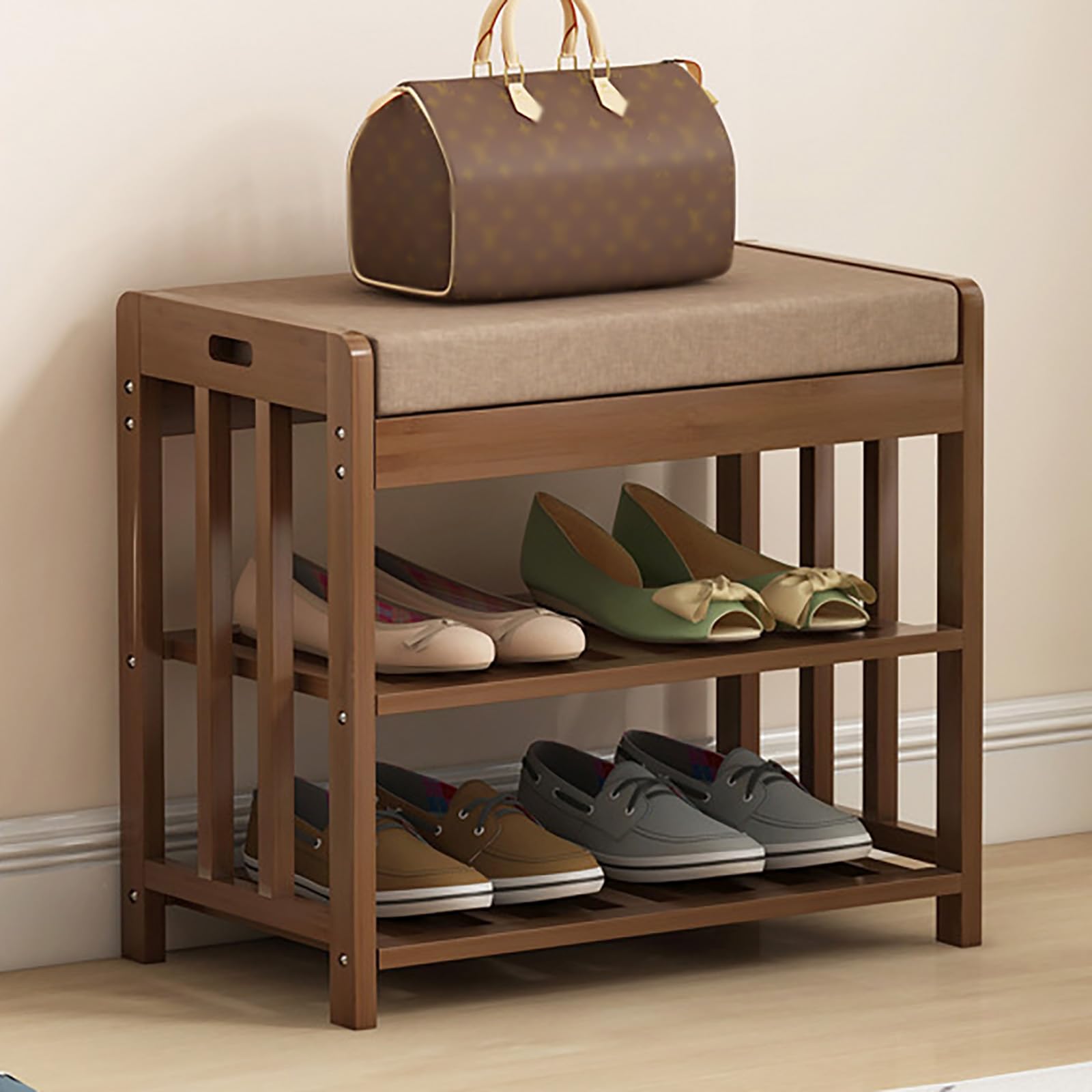 WJFTODAY Multifunctional Bamboo Storage Bench with Padded Seat Open Shoe Rack for Entryway Bedroom Living Room Corridor Stylish & Space Saving (19.7in/50cm)