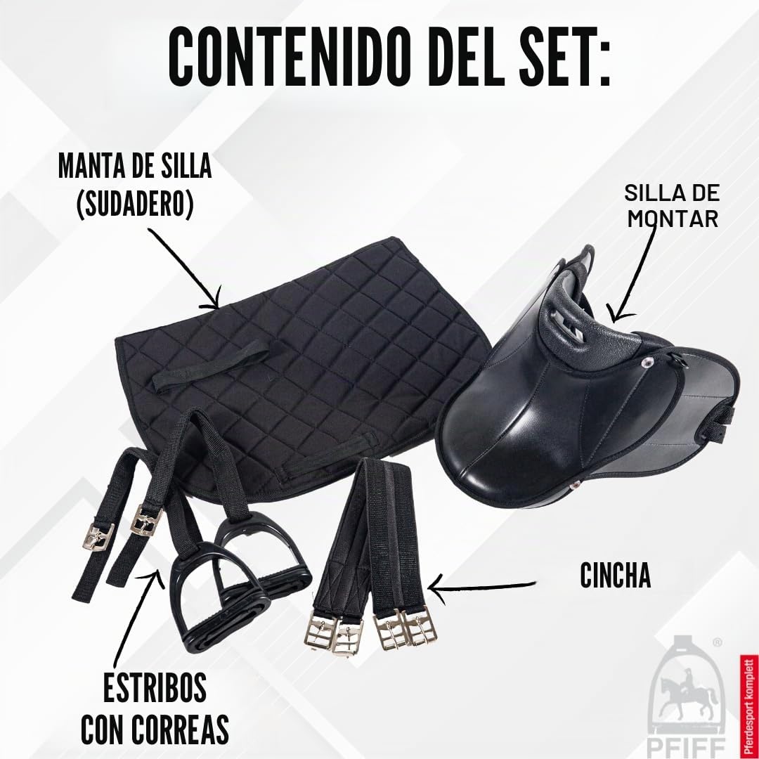 PFIFF 103106 - Juego Completo de sillín para niños Shettys o Caballos de Madera, Color Negro