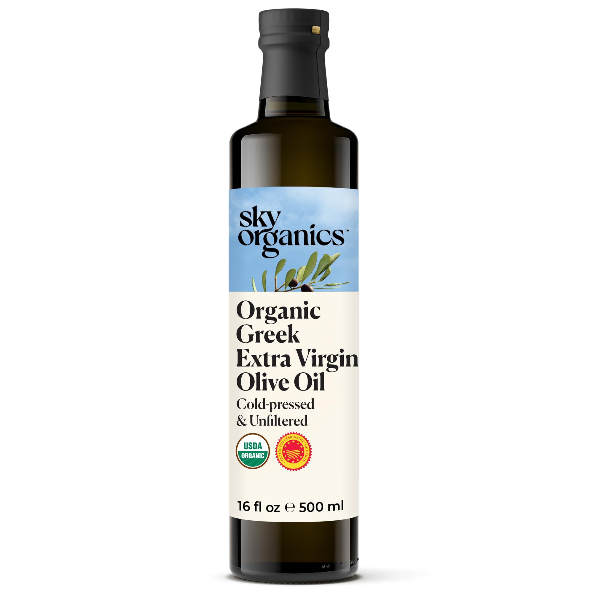 Sky Organics - Organic Extra Virgin Olive Oil, 16 fl oz - Cold Pressed & Unfiltered - Bright, Fresh, Authentic Flavor - Sourced from Farmers in Greece - 100% Pure - Kosher - Natural, Vegan, & Soy Free