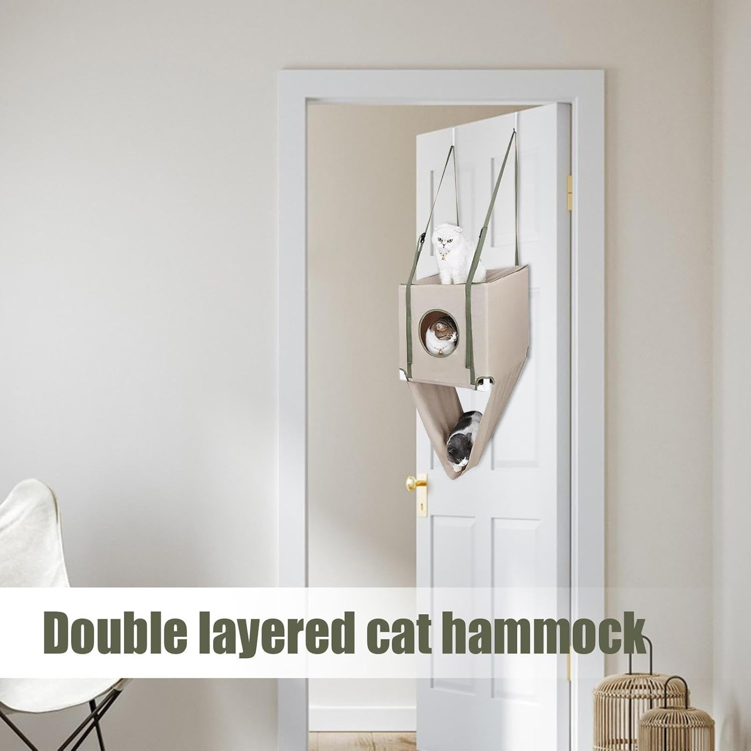 Cat Hammock - Two Tier Adjustable Pet Furniture, Door Hanging Cat Bed, Cats Lounger Stand | Indoor Use for Indoor Lounging Playing Snuggling Climbing Nesting Sleeping Resting