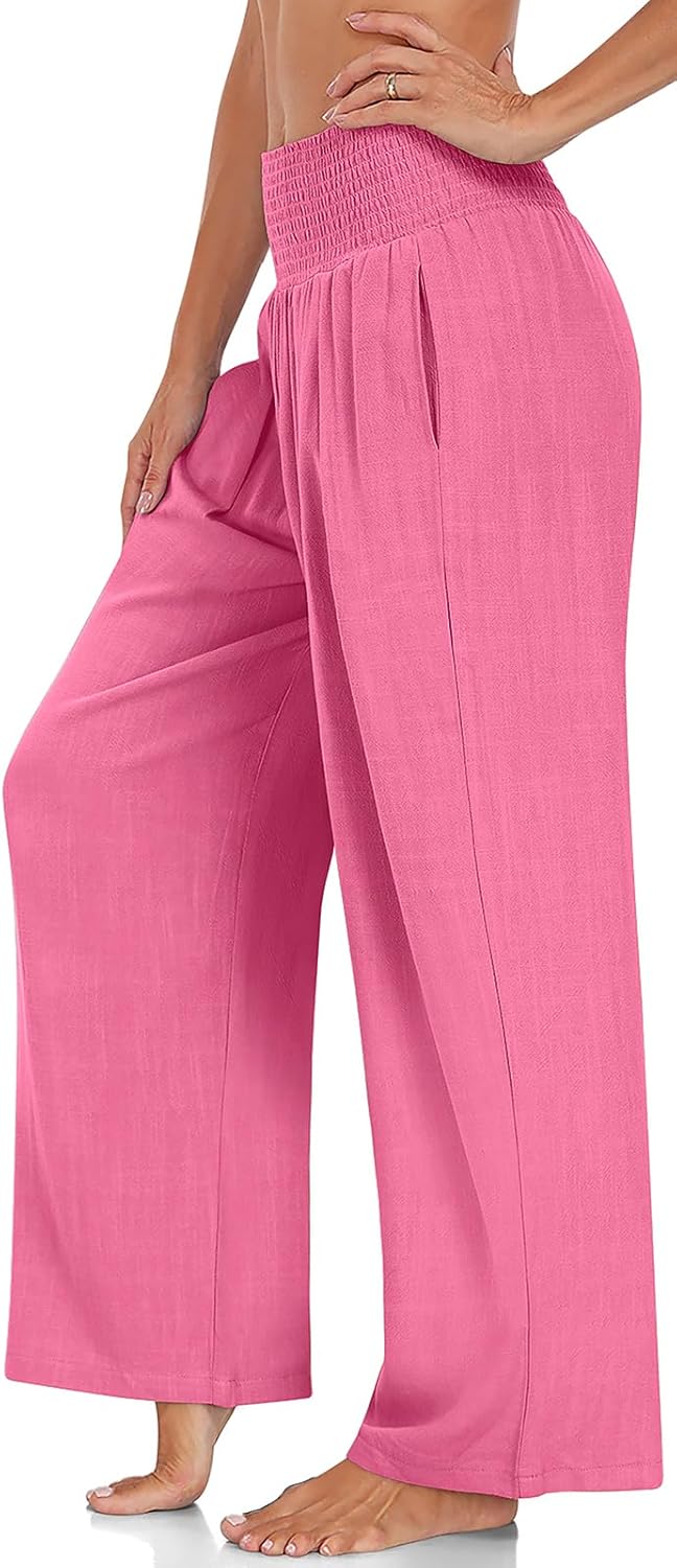 UEU Women's Linen Palazzo Pants Wide Leg High Waisted Lounge Casual Beach Pants with Pockets - Image 2