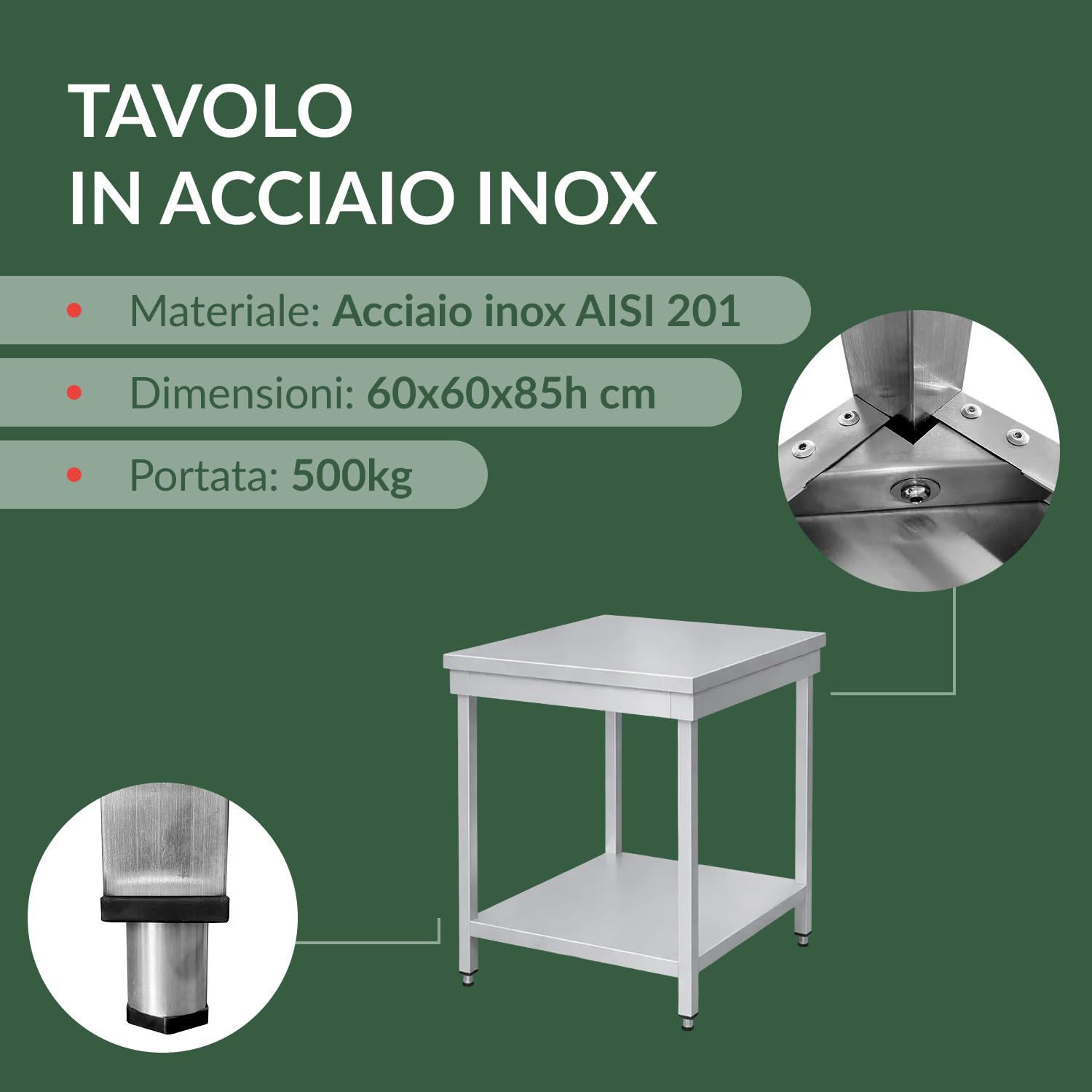 Tavolo in acciaio inox 60x60x85h cm su gambe con piano di fondo VS