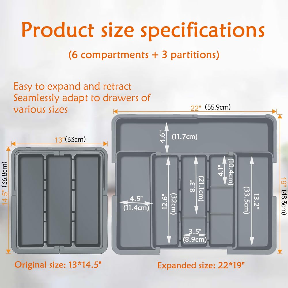 Portaposate da Cassetto Espandibile, Portaposate da Cassetto, Organizzatori per Cucina, con Supporto per coltelli Rimovibile, per Cucchiai, Forchette e Coltelli, Grande (Grigio)