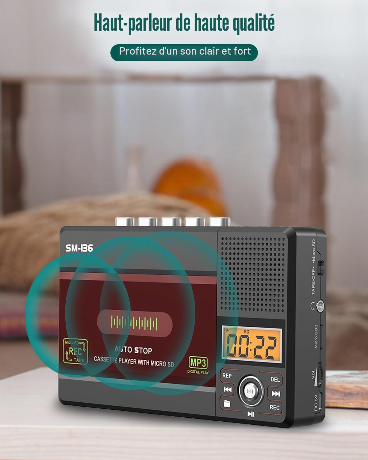 SEMIER Lecteur de Cassette, USB C ou Carte SD, convertisseur de Cassette Audio vers MP3, Enregistrement sur Cassette/Ordinateur/Carte SD Via Micro, écran LCD, Haut-Parleur, Prise Casque, Carte SD 16