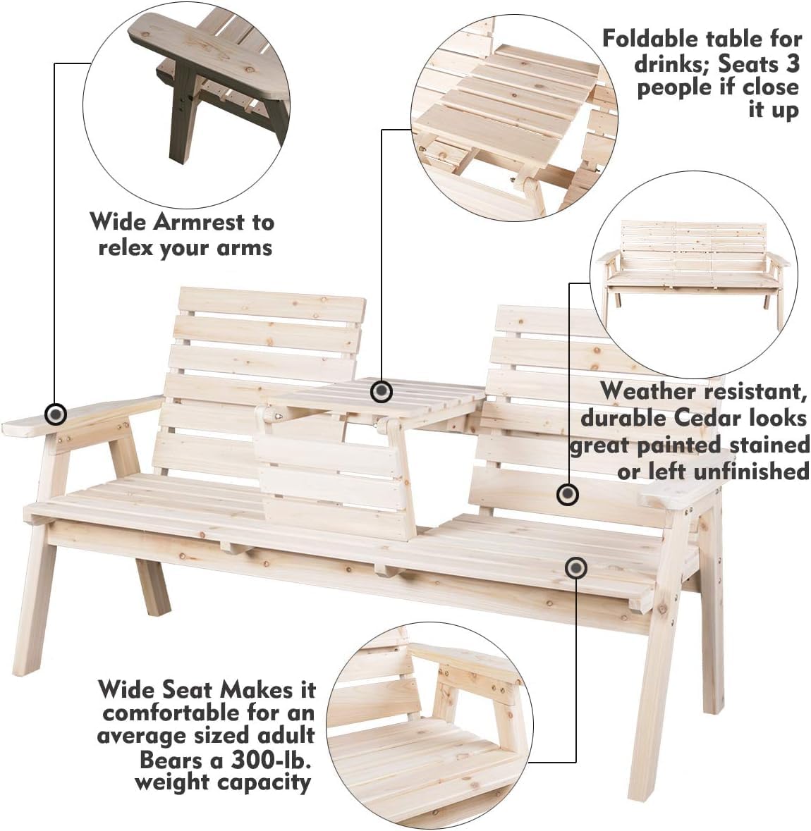FORTUNO Cedar/Fir Log Wood Patio Garden Bench with Foldable Table, Outdoor Wooden Porch 3-Seat Bench Chair for Garden Balcony Patio Backyard, Natural Finish