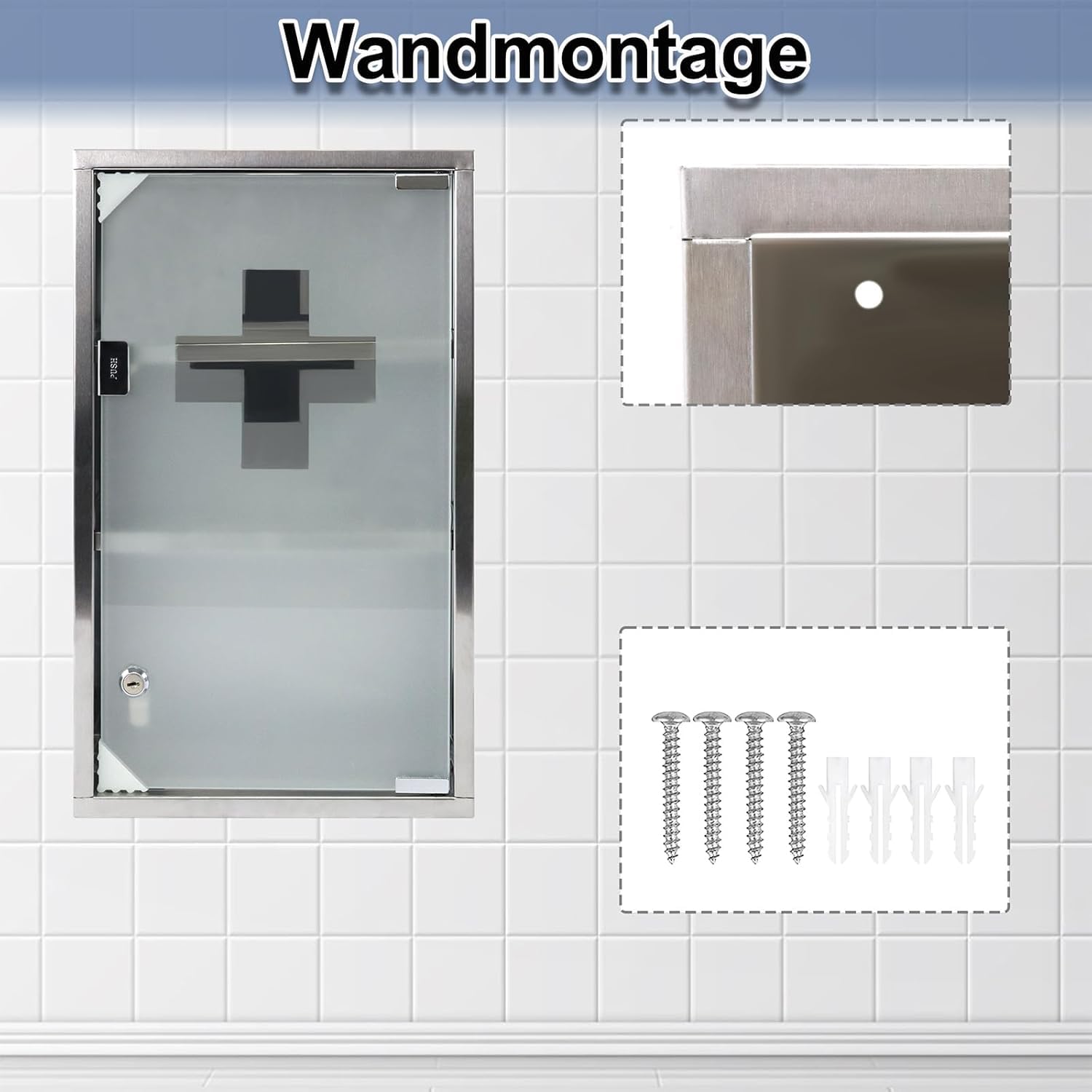 Medizinschrank Apothekerschrank, Abschließbarer Hängeschrank mit Magnetischer Glas Tür, 30x12x50cm (Silber, 3 Fächer)